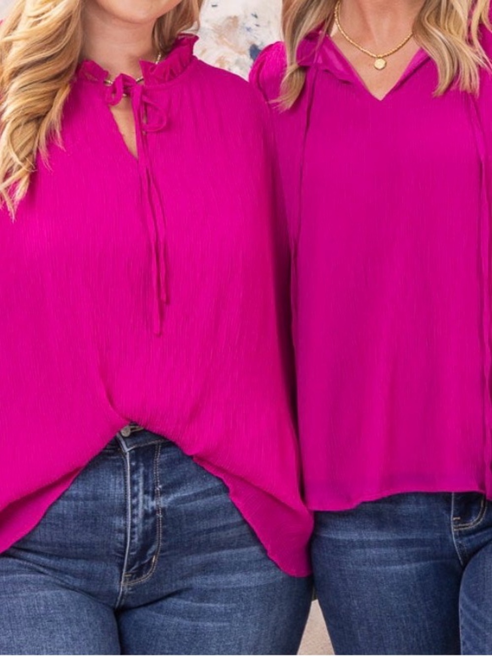 3/4 Sleeve Split Tie-Neck Women’s Fuchsia Crinkle Top Medium. Jodifl.